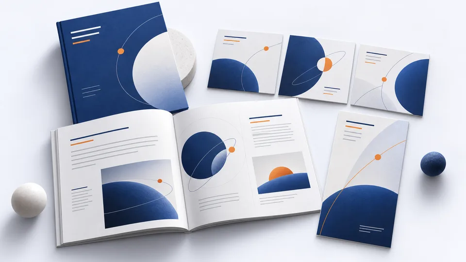 Un guide ouvert, une couverture et plusieurs déclinaisons de contenu partageant une même direction graphique.